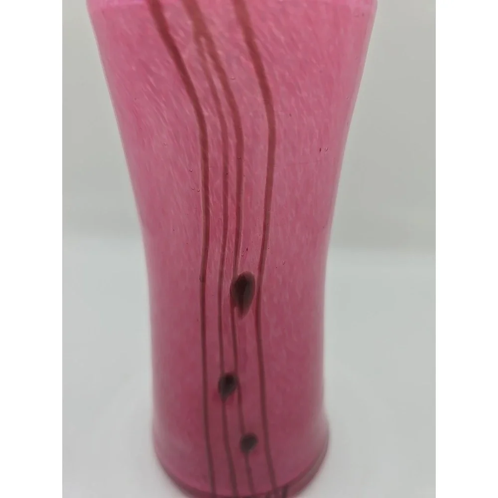 Hand Blown Art Glass Mottled Pink Vase w/ Textured Lines & Dots Applied